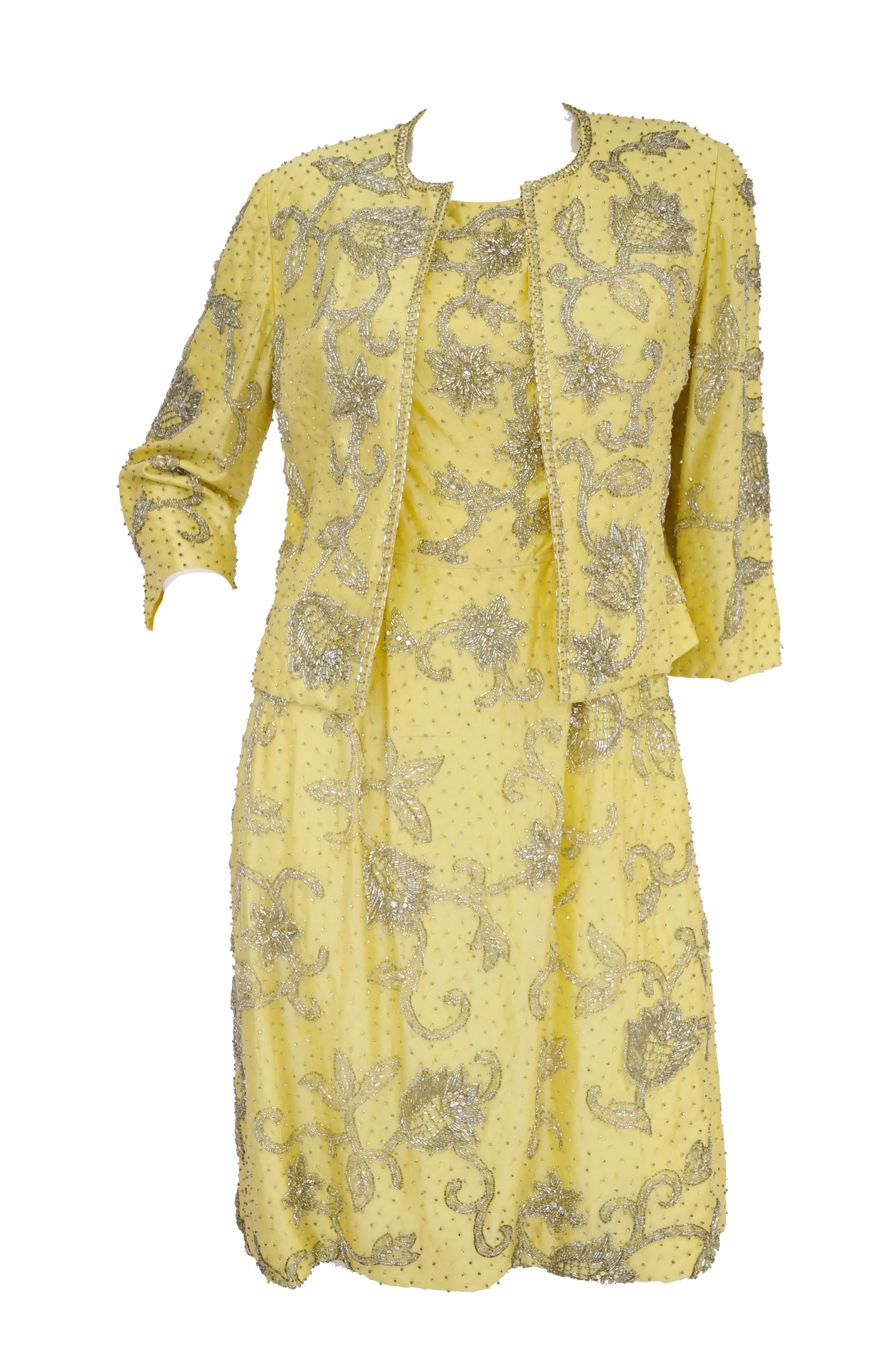 1950s Goldenrod Yellow Silk Beaded Dress and Jacket