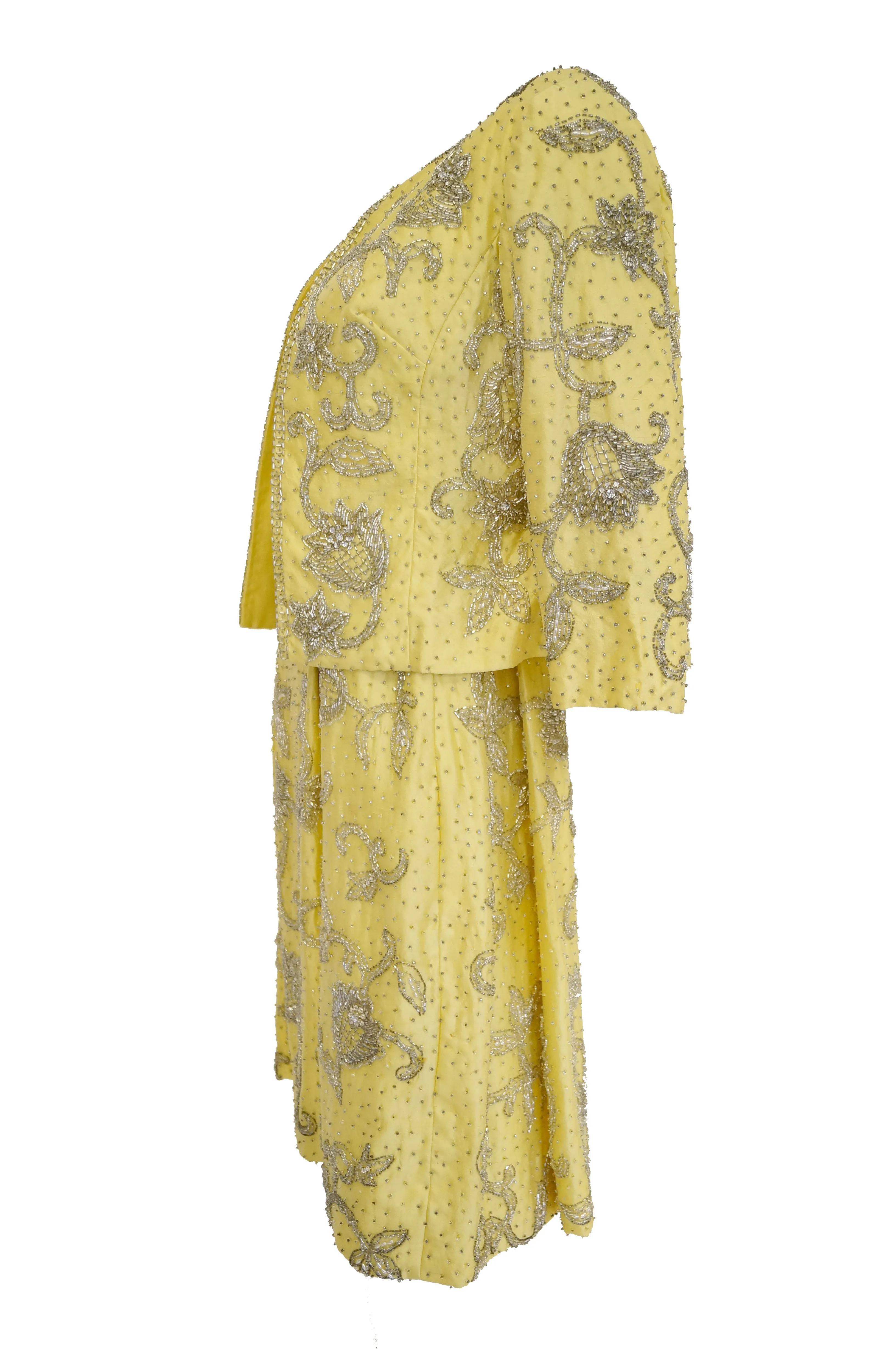 1950s Goldenrod Yellow Silk Beaded Dress and Jacket