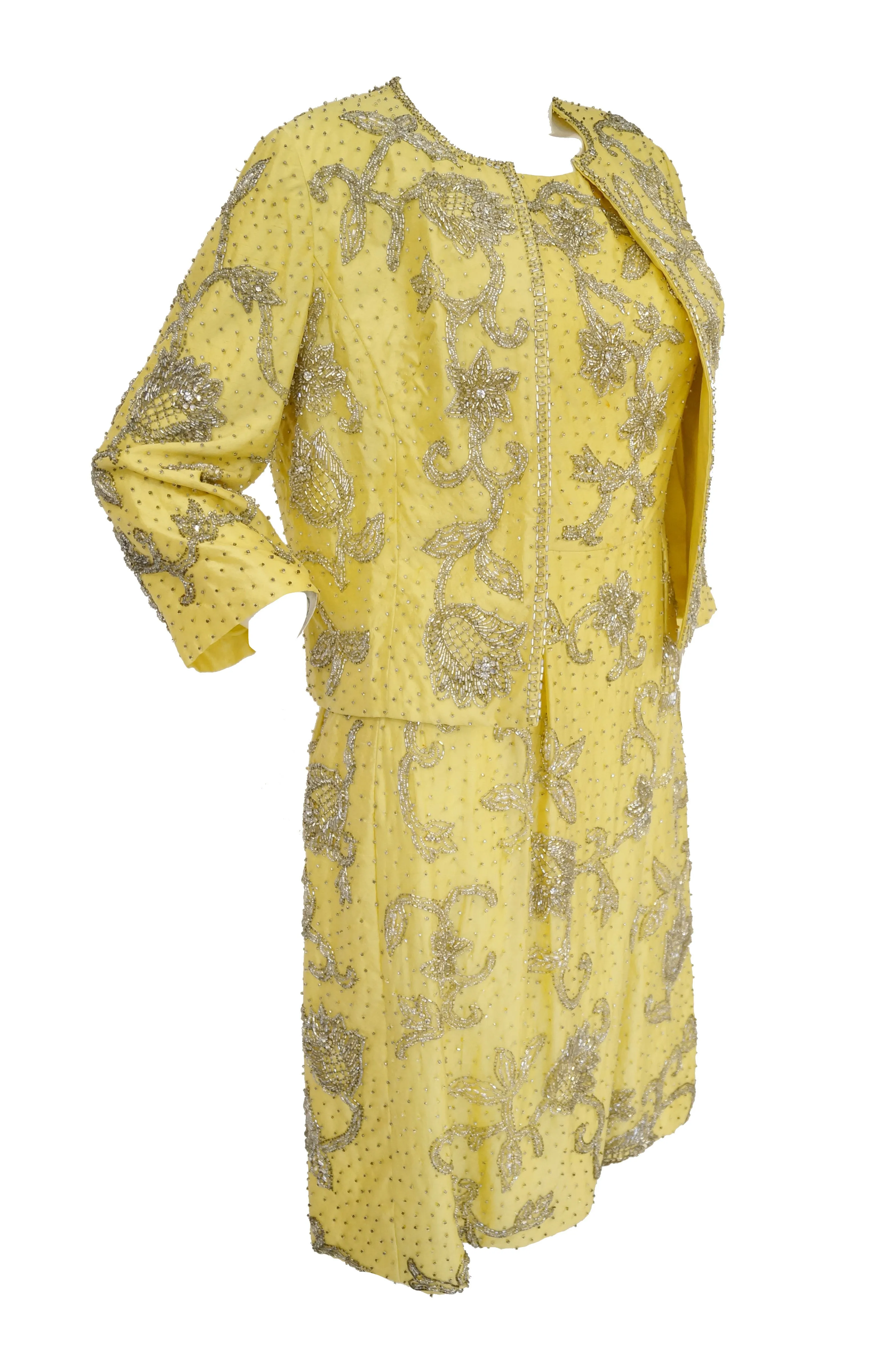 1950s Goldenrod Yellow Silk Beaded Dress and Jacket