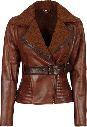 Asymmetrical Ladies Motorcycle Faux Fur and Real Leather Jacket