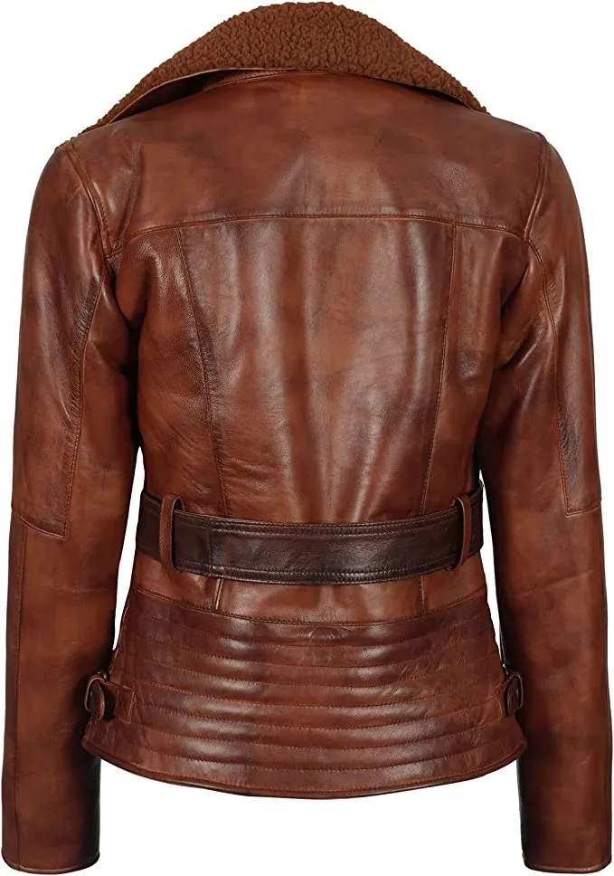 Asymmetrical Ladies Motorcycle Faux Fur and Real Leather Jacket