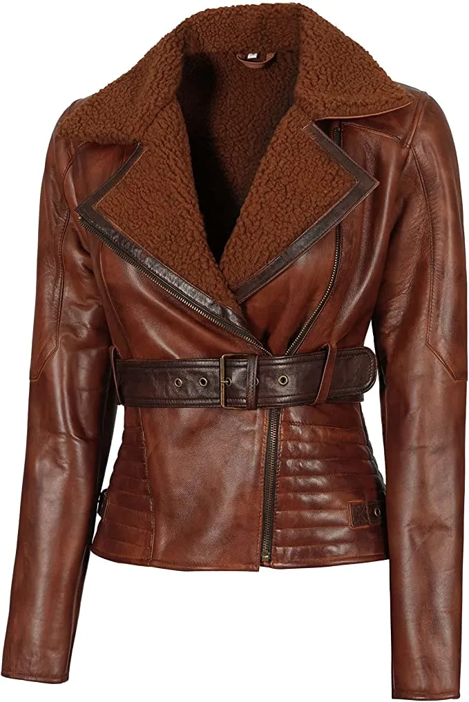 Asymmetrical Ladies Motorcycle Faux Fur and Real Leather Jacket