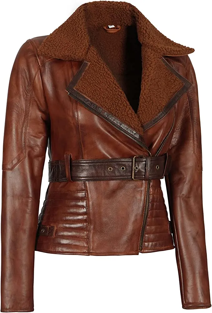 Asymmetrical Ladies Motorcycle Faux Fur and Real Leather Jacket