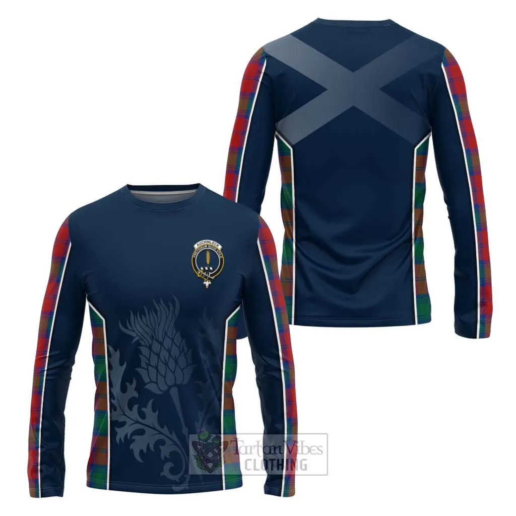 Auchinleck (Affleck) Tartan Long Sleeve T-Shirt with Family Crest and Scottish Thistle Vibes Sport Style