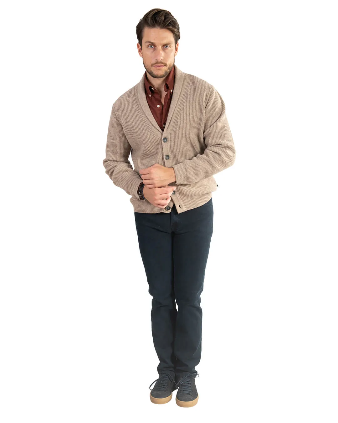 Beige Fisherman's Rib Wool Blend Shawl Collar Cardigan