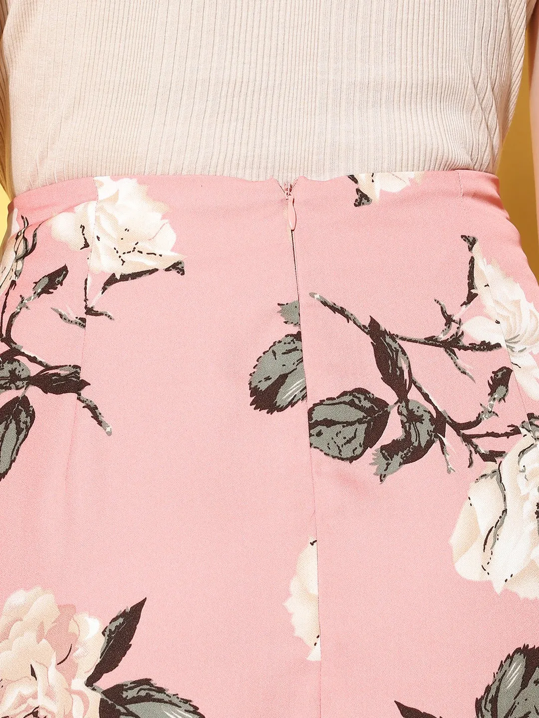 Berrylush Women Pink & White Floral Printed High-Rise Waist Side-Slit Flared A-Line Midi Skirt