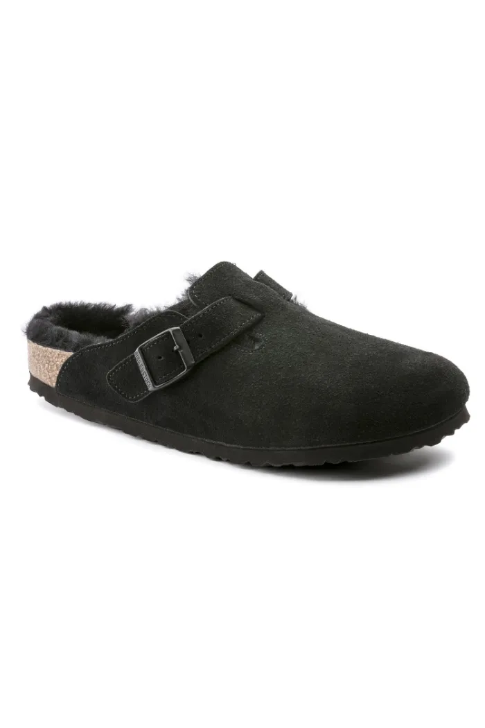 Birkenstock Boston VL/Fell Suede Leather Shearling Narrow Width in Black