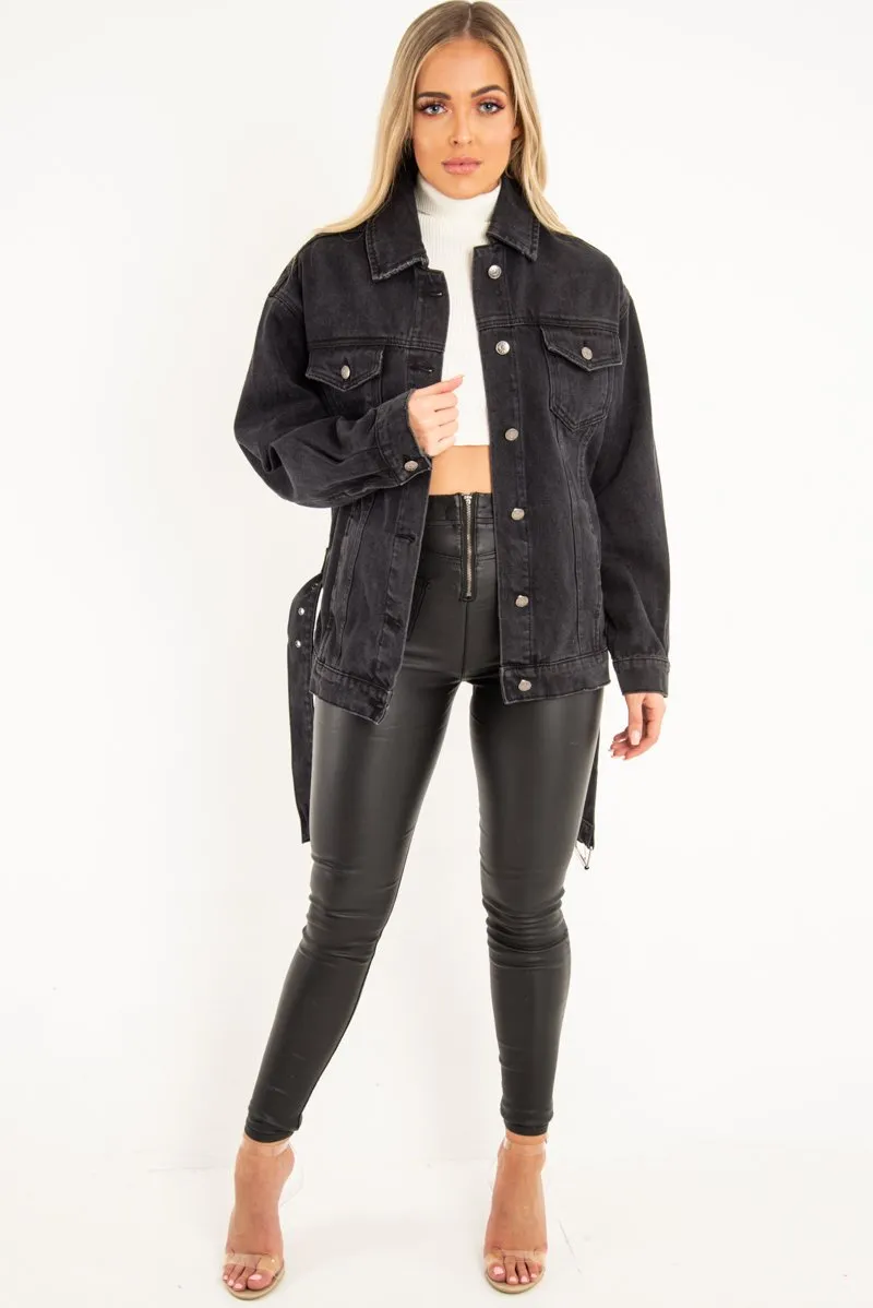 Black Washed Belted Longline Denim Jacket  - Luvina