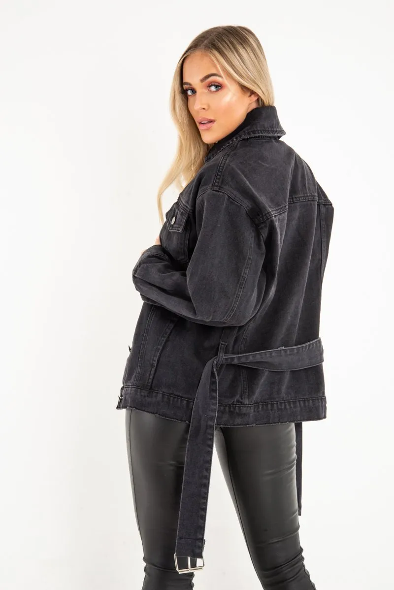 Black Washed Belted Longline Denim Jacket  - Luvina