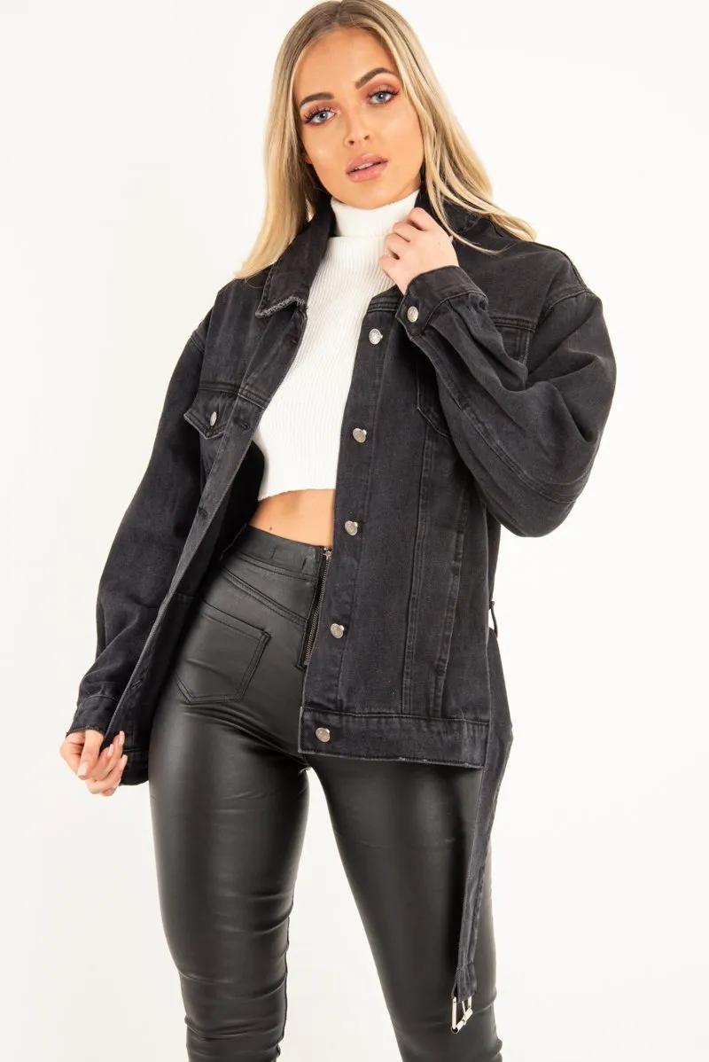 Black Washed Belted Longline Denim Jacket  - Luvina