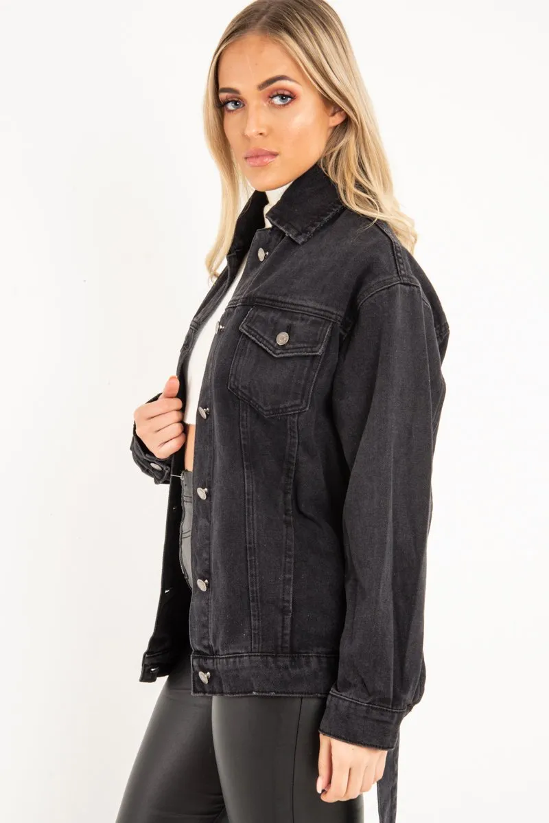 Black Washed Belted Longline Denim Jacket  - Luvina