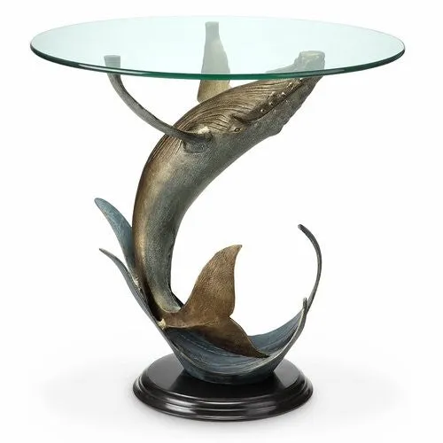 Breaching Whale Glass Top Coastal Accent Table