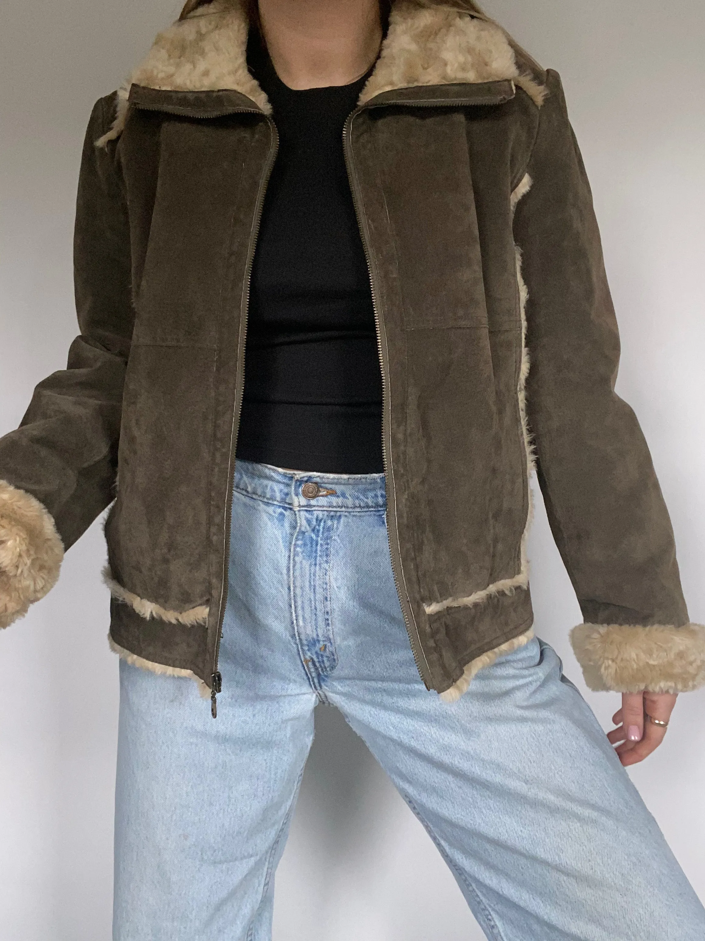 Brown Shearling Bomber Jacket Size M