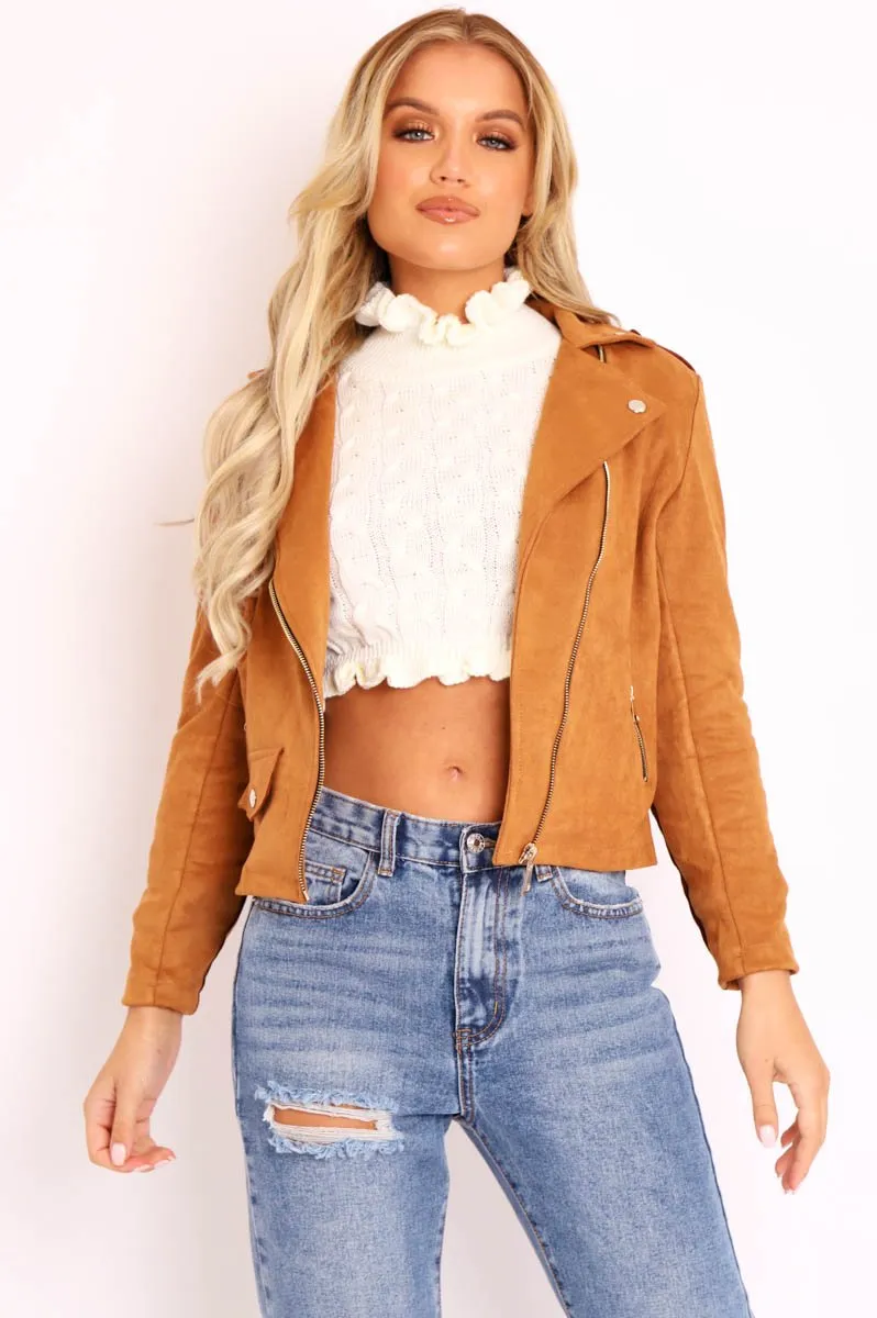 Camel Faux Suede Zip Front Biker Jacket - Isadora