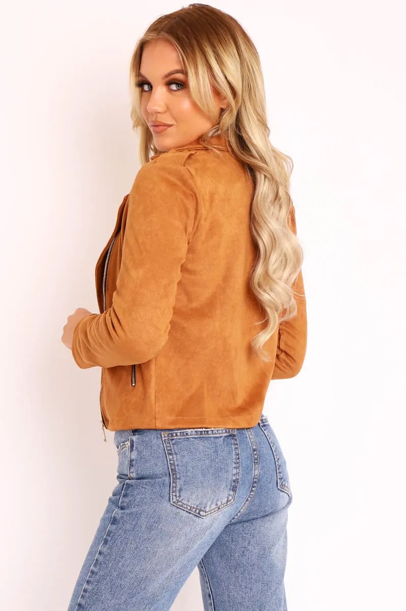 Camel Faux Suede Zip Front Biker Jacket - Isadora