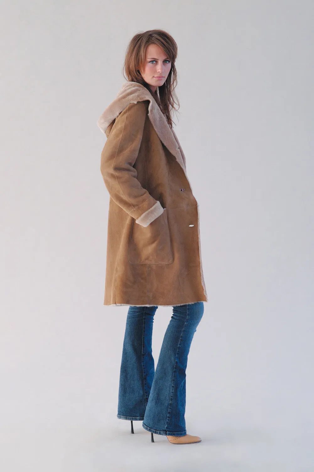 Cappuccino Hooded Merino Shearling Car Coat