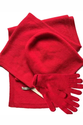 Cashmere hat, scarf and gloves set in red