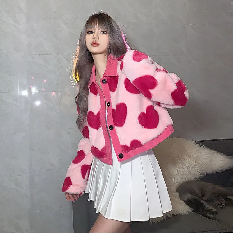 Chic Love Heart Collar Button Plush Cardigan Jacket Coat