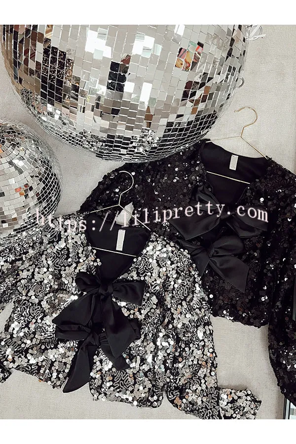 City Lights Irregular Sequin Tie-front Satin Bow Sequined Jacket