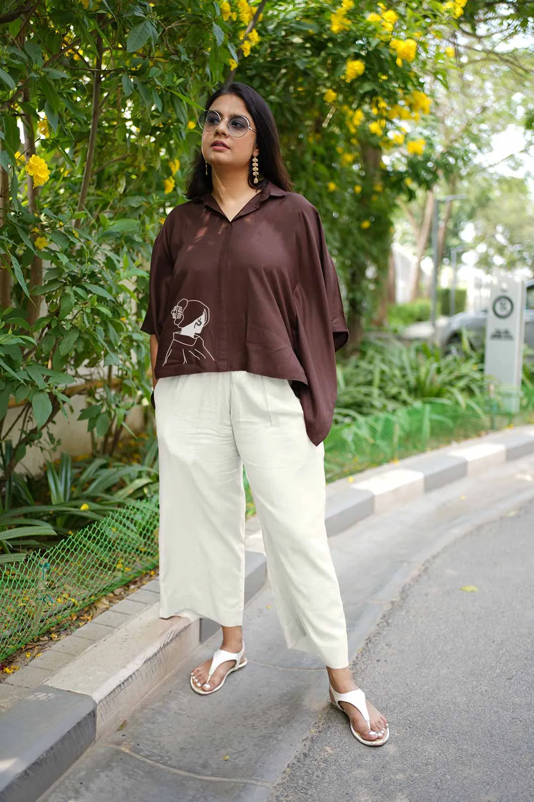 Coffee Rayon KaftanTop & MilkyWhite Palazzo - Latte