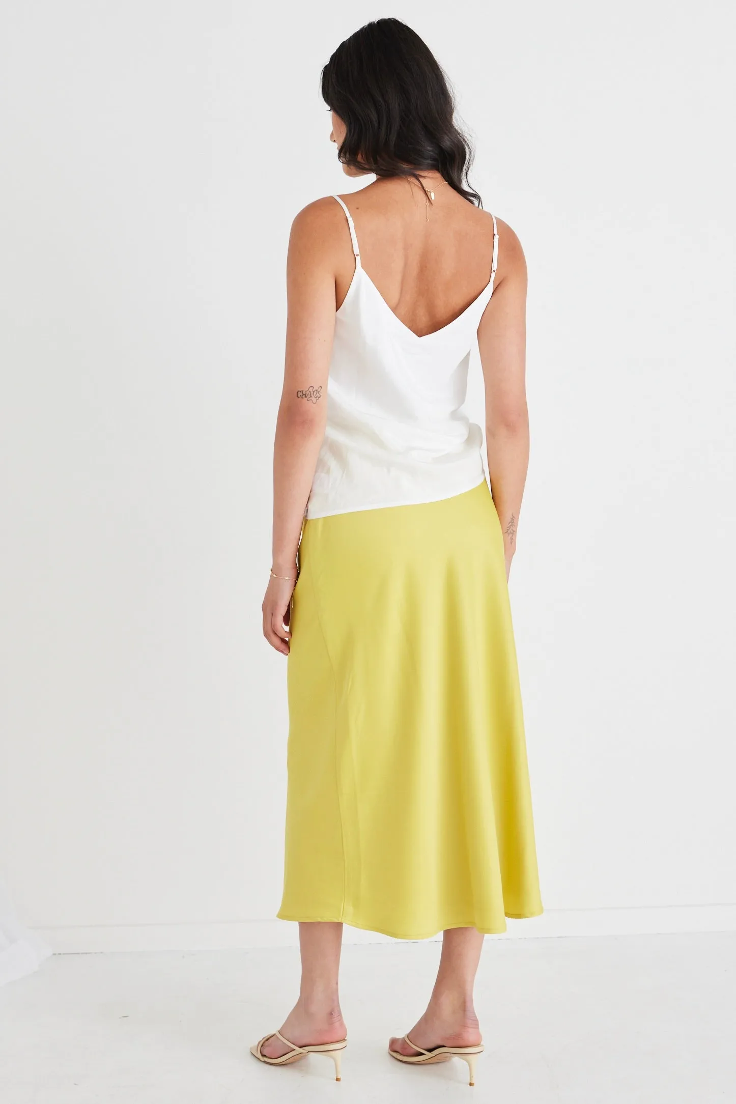 Collide Citron Satin Bias Cut Midi Skirt