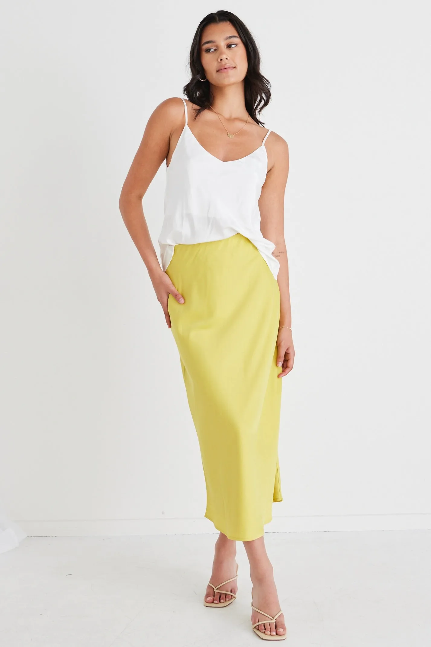 Collide Citron Satin Bias Cut Midi Skirt