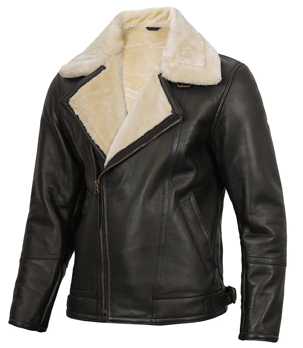 Dark Brown Asymmetrical Leather Shearling Jacket Mens