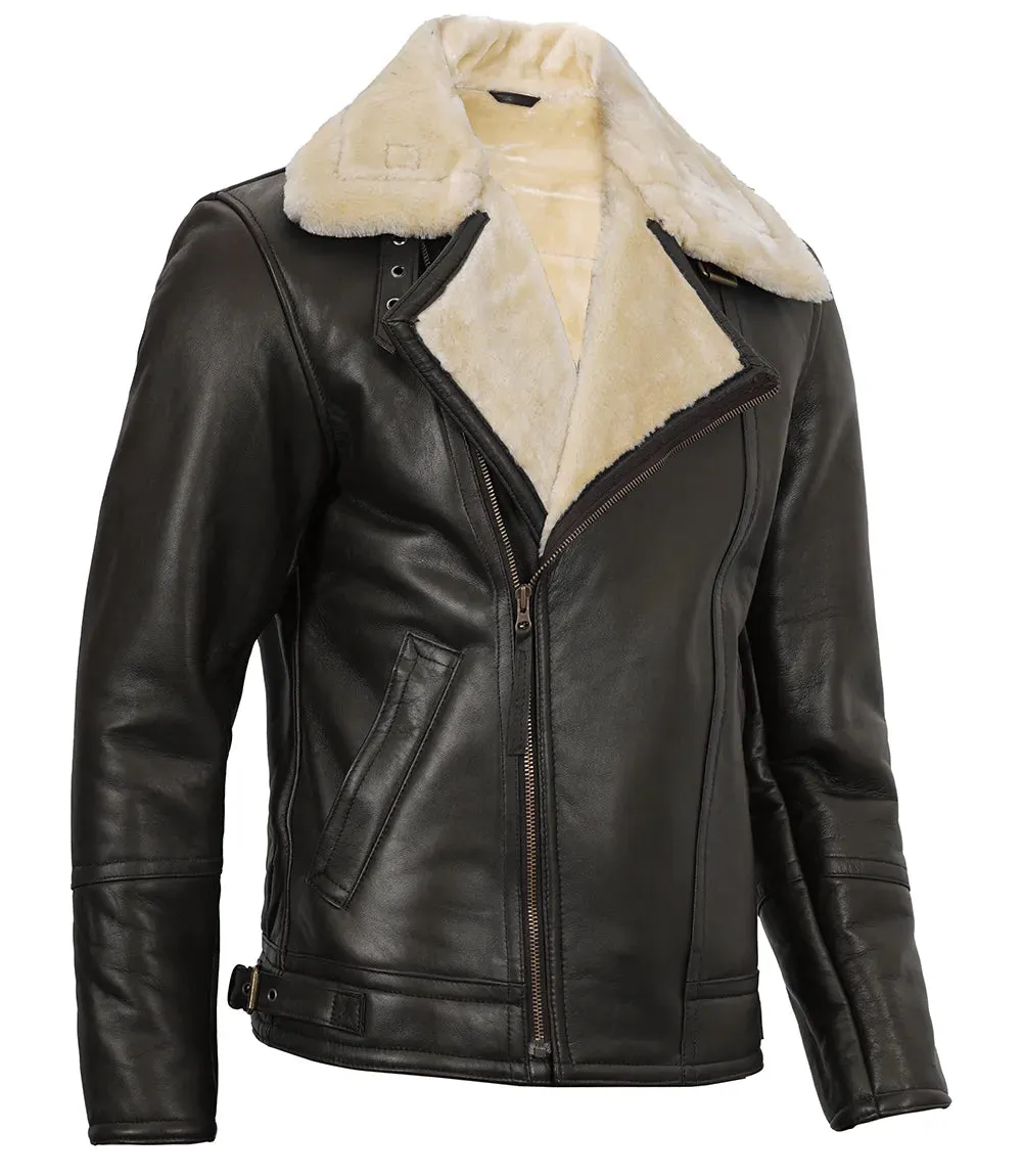 Dark Brown Asymmetrical Leather Shearling Jacket Mens