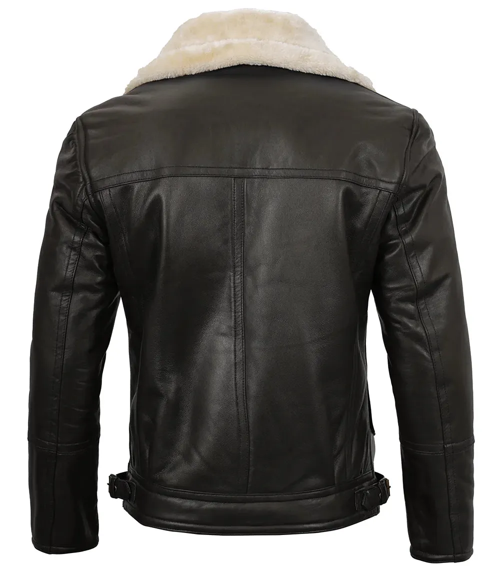 Dark Brown Asymmetrical Leather Shearling Jacket Mens