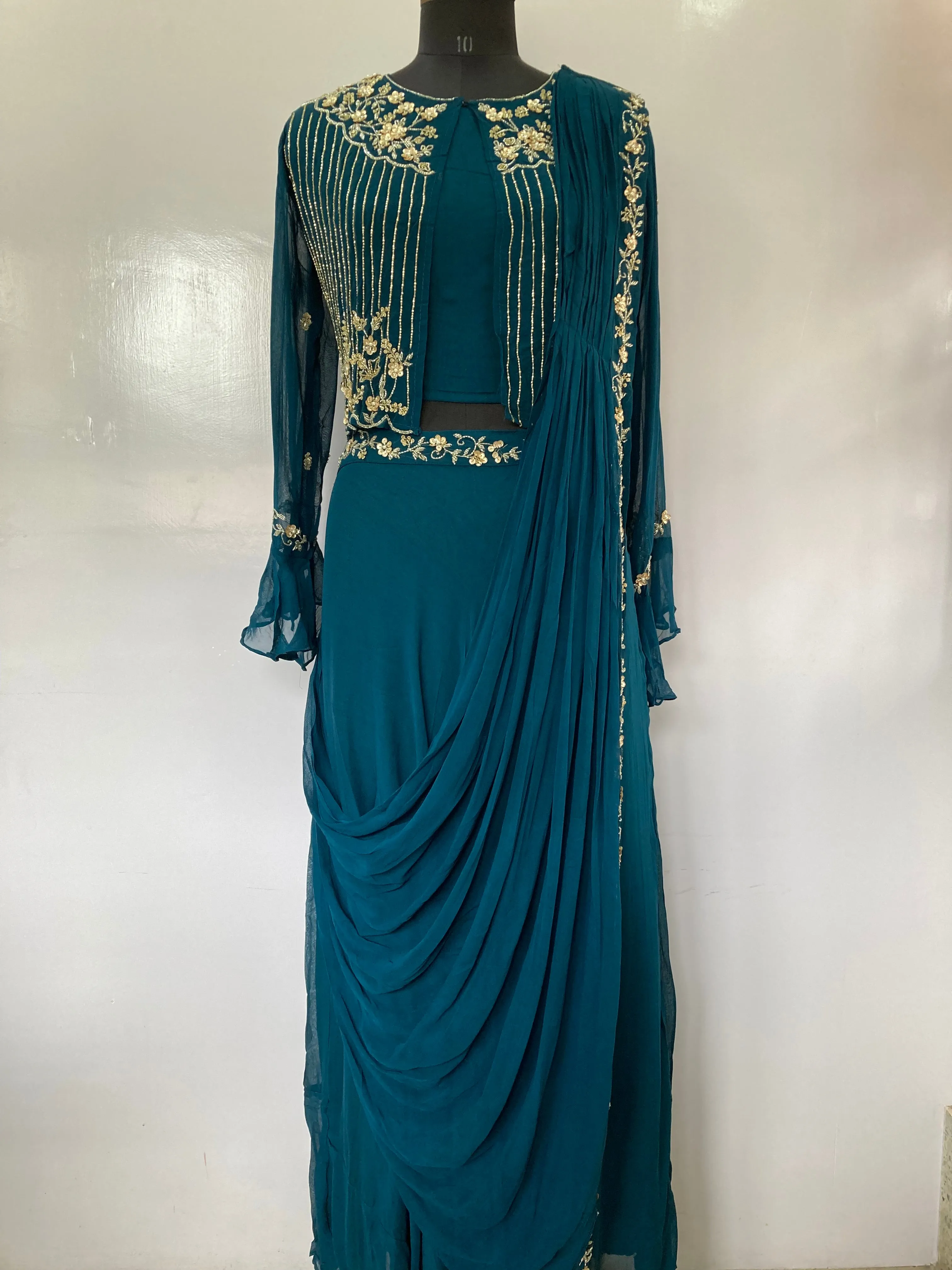 Dark Teal Drape Gown with Zardozi Short Jacket Work