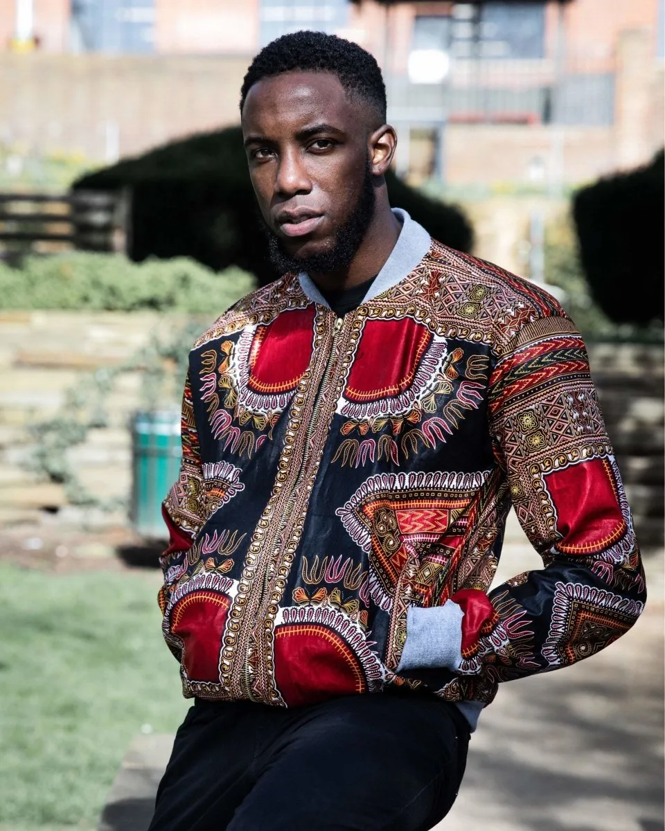 Dashiki Jacket in Black and Red Print- Festival Clothing