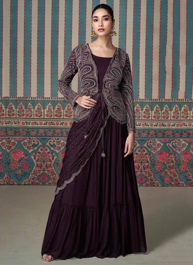 Deep Burgundy Embroidered Saree Gown with Jacket