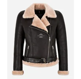 DEILA Women's Sheepskin Aviator Jacket Cross Zip Shearling Pilot Jacket