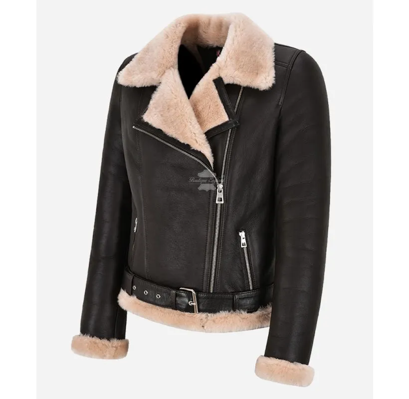 DEILA Women's Sheepskin Aviator Jacket Cross Zip Shearling Pilot Jacket