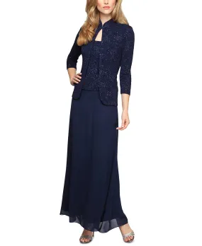 Dress and Jacket, Alex Evenings Sequined Pattern Evening Dress, Navy