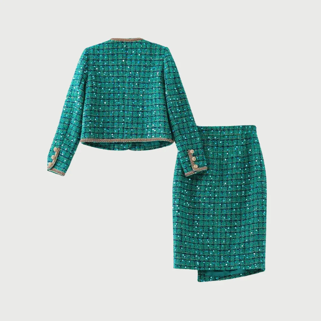 Elegant Thick Woven Sequined Emerald Tweed Two Piece Jacket and Skirt Set