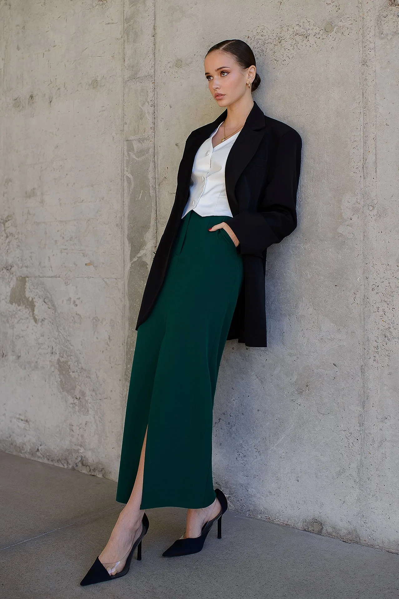 Emerald Front-Slit Midi Skirt