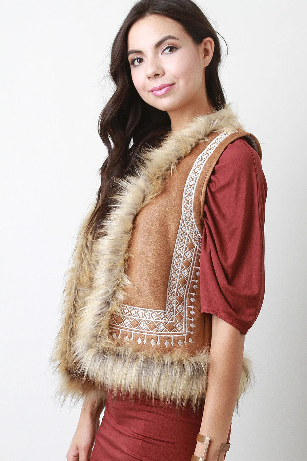 Faux Fur Suede Embroidered Tribal Vest