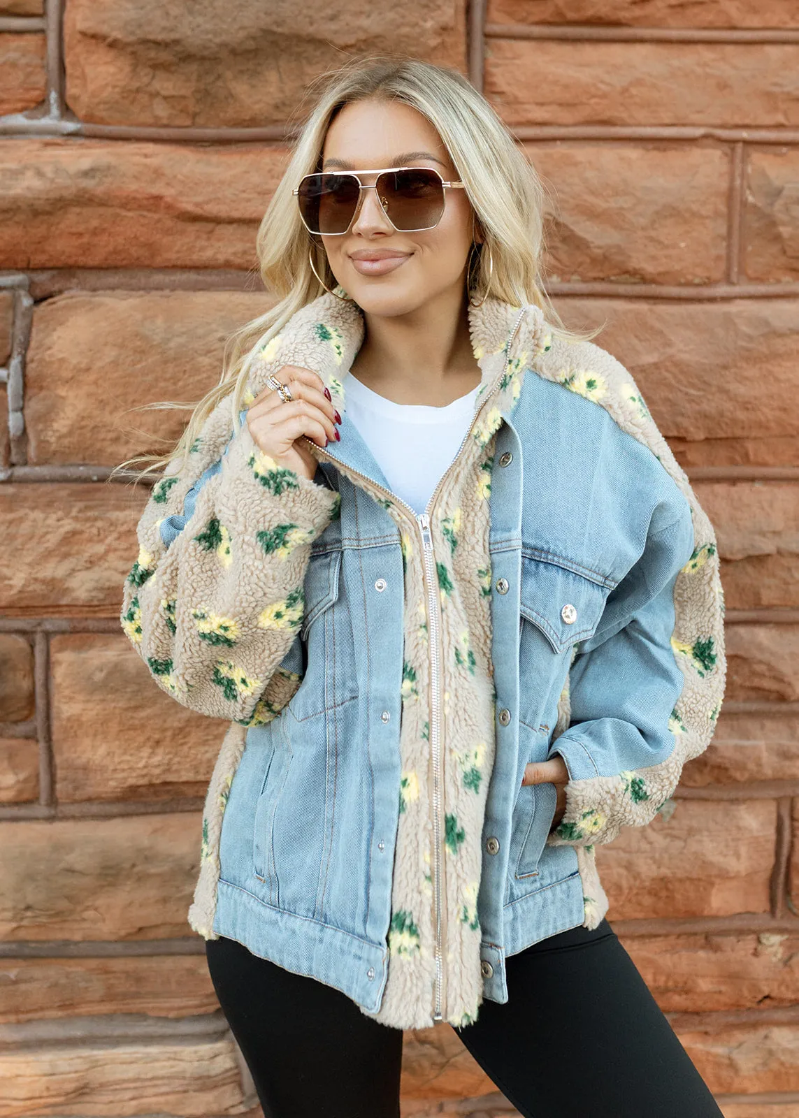 Floral Shearling & Denim Jacket