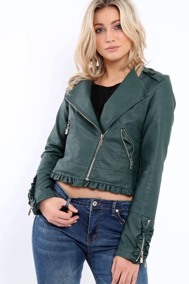 Green Faux Leather Biker Jacket - Colleen