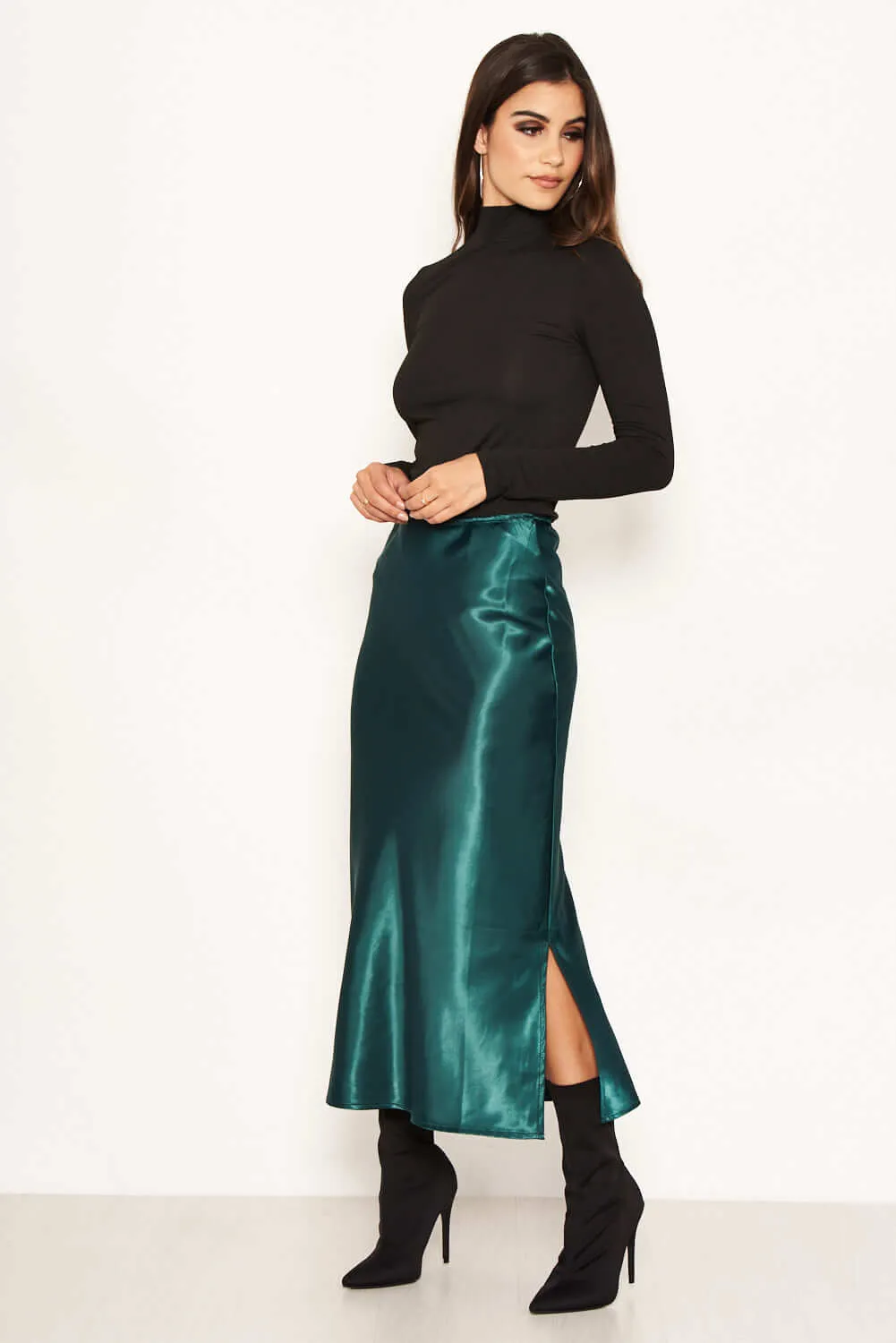 Green Satin Midi Skirt