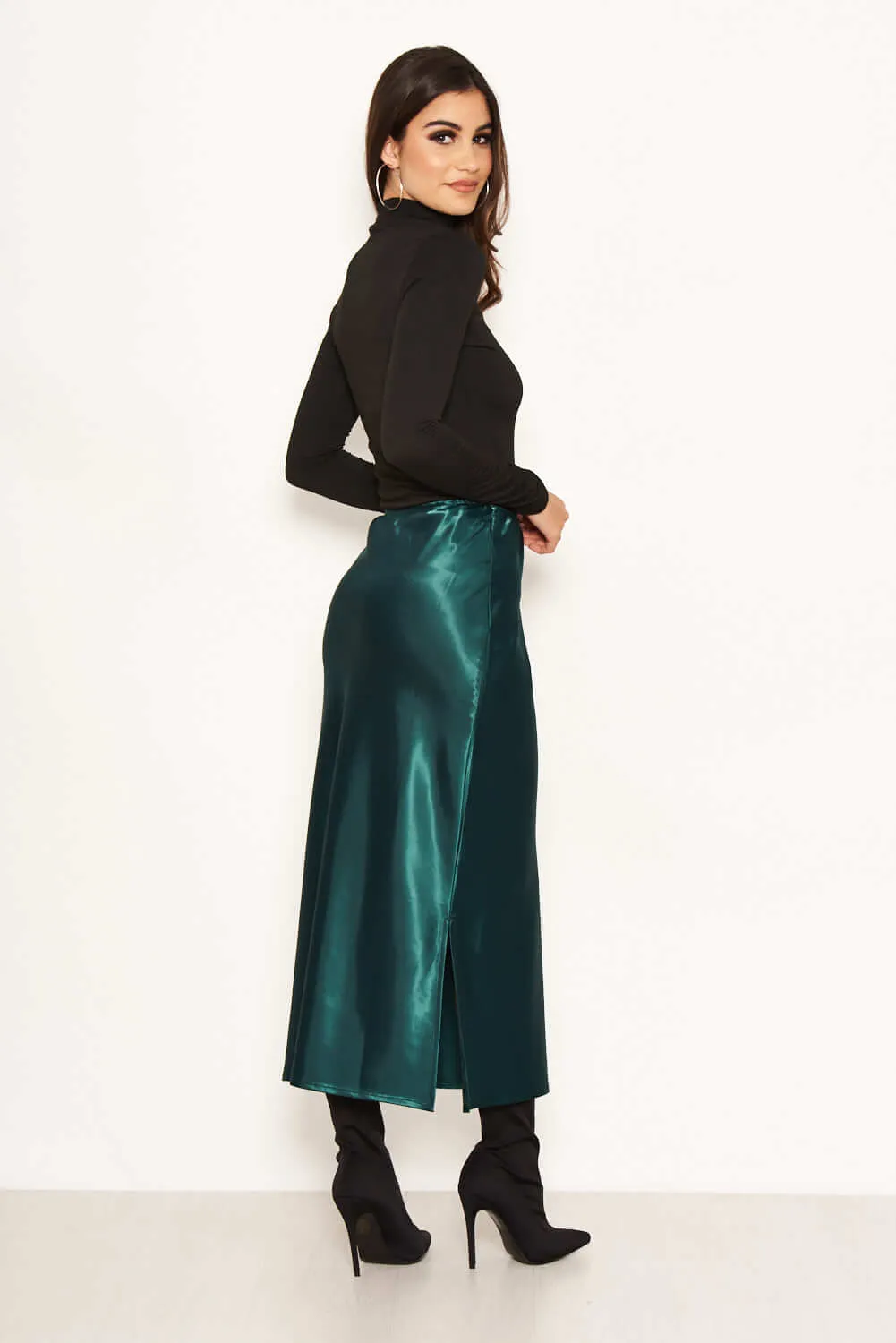 Green Satin Midi Skirt