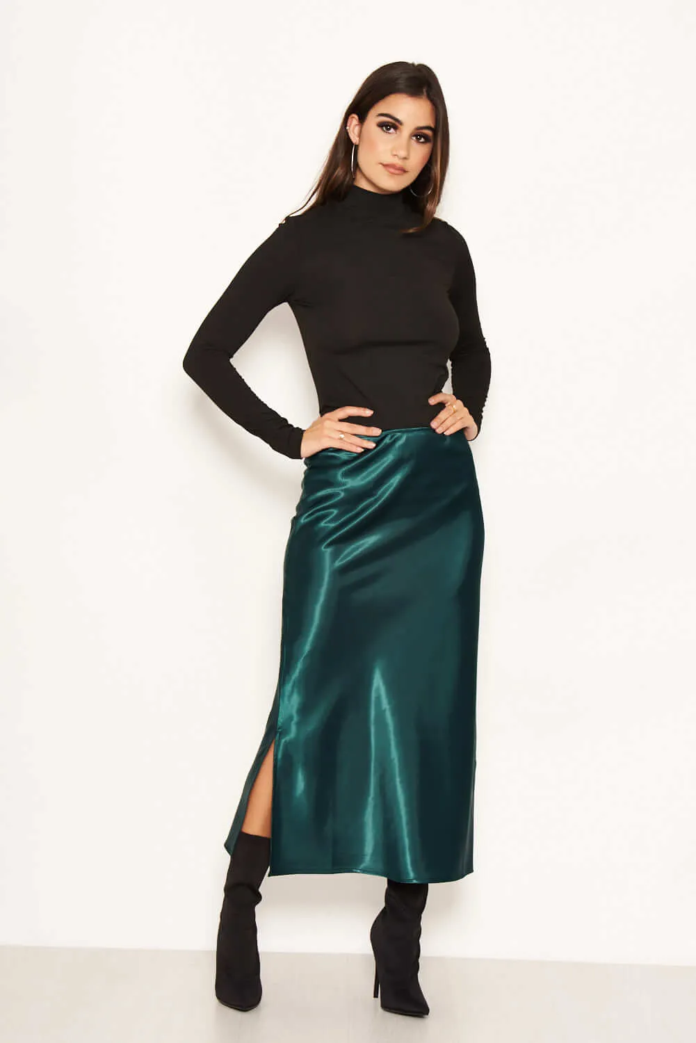 Green Satin Midi Skirt