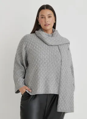 Grey Plus Size Cable Knit Jumper With Scarf- Gabriel