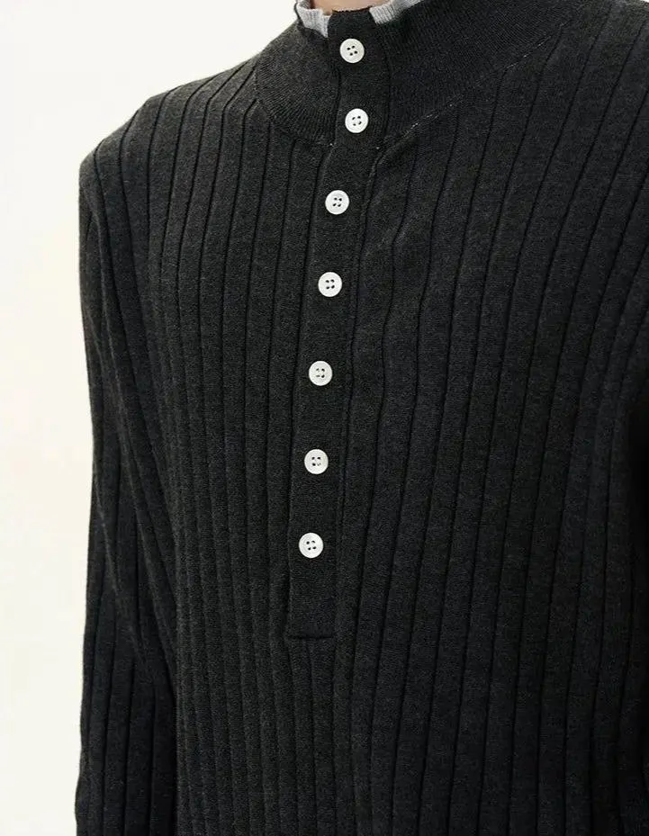 Half Buttoned-Down Knit Long Sleeve T-Shirt