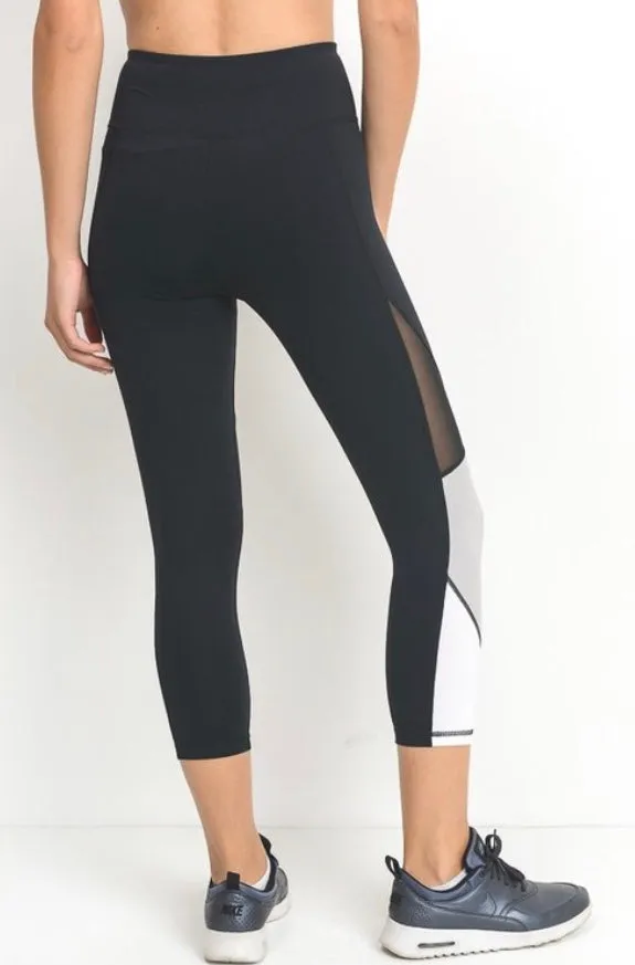 High Waist Capri Leggings Athletic Workout Color Block Mesh Pants S M L Black