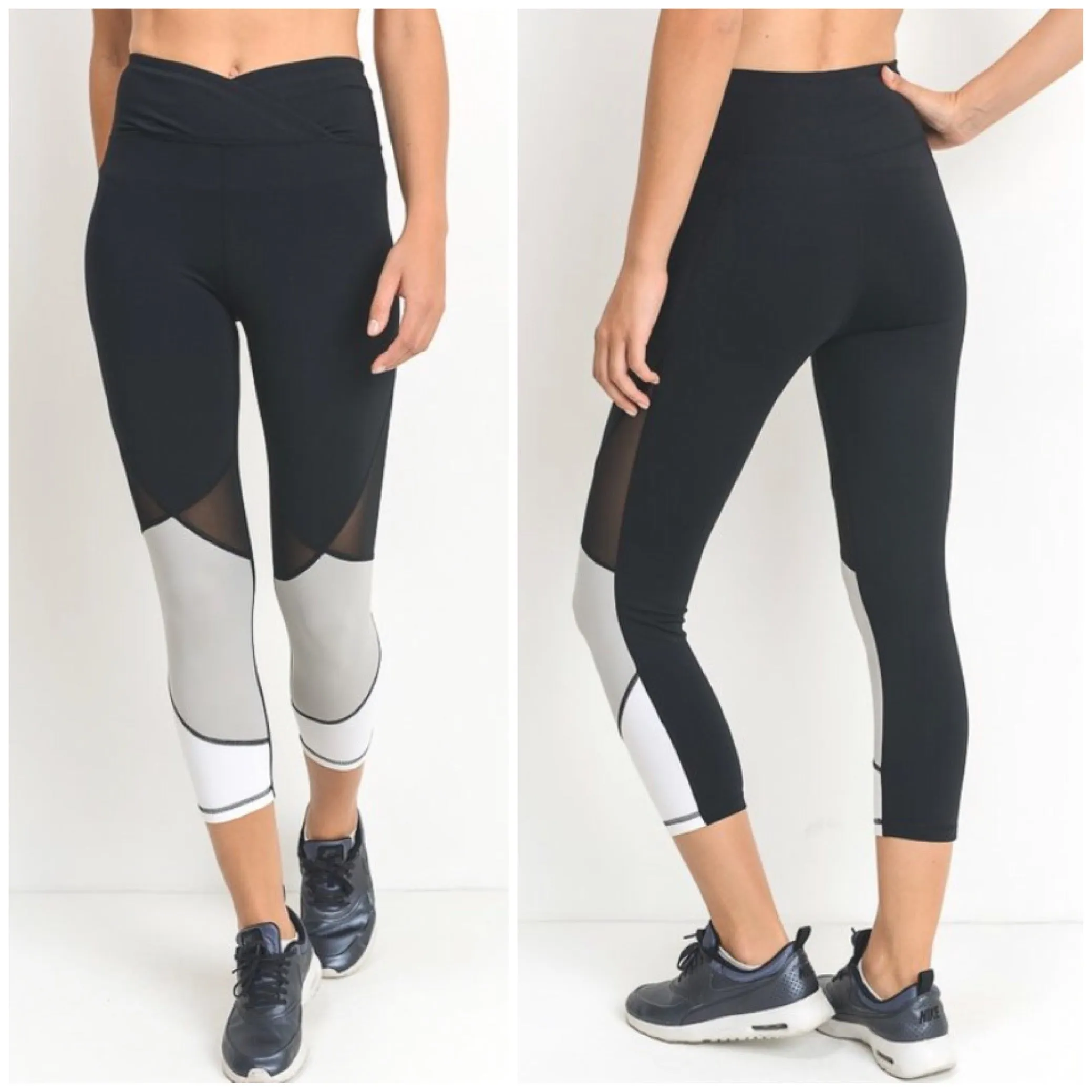 High Waist Capri Leggings Athletic Workout Color Block Mesh Pants S M L Black