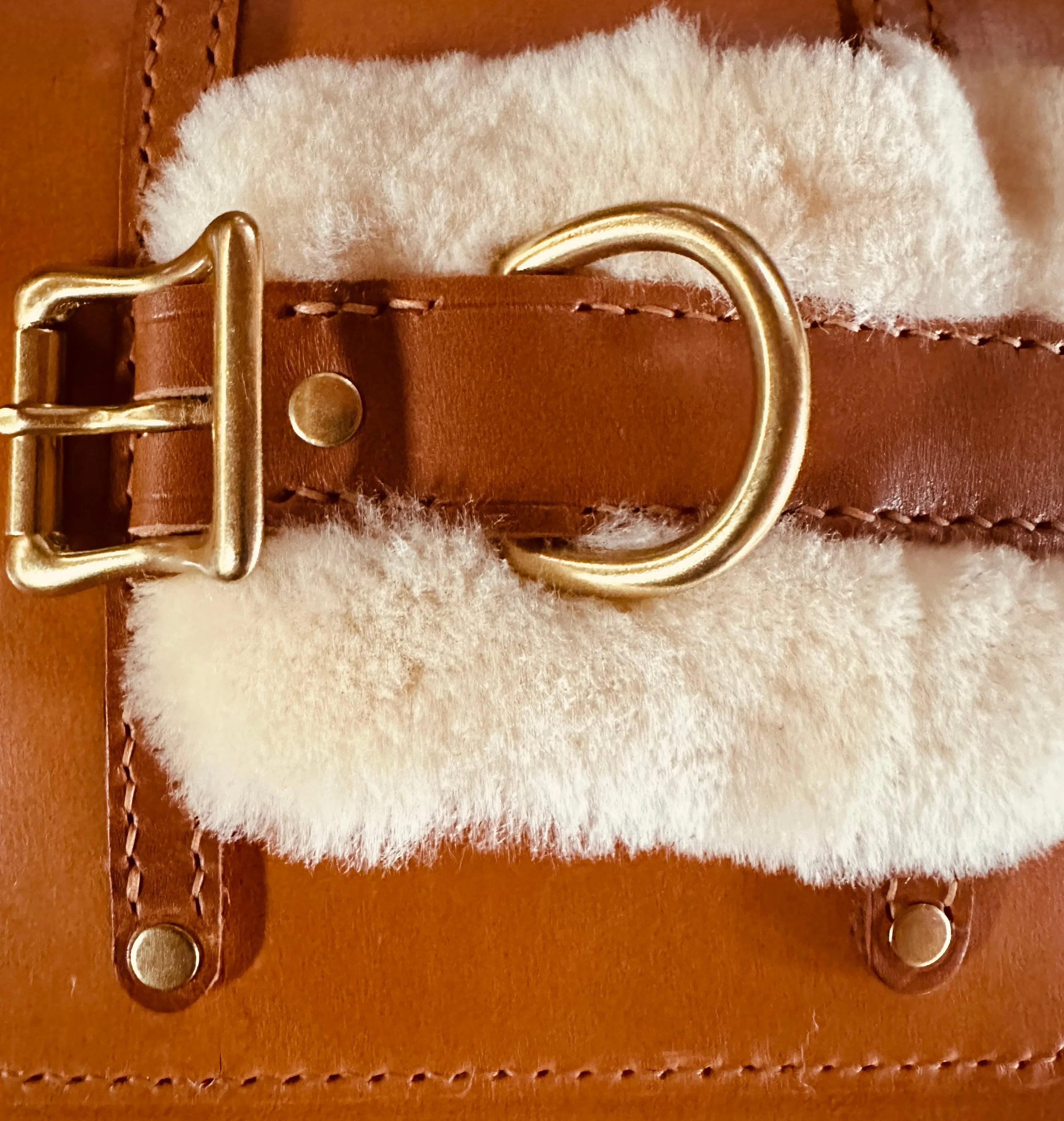 Italian Leather and Shearling Cuff Collar, Extra Wide, 1"  , Biscuit and Cozy Creamy Shearling