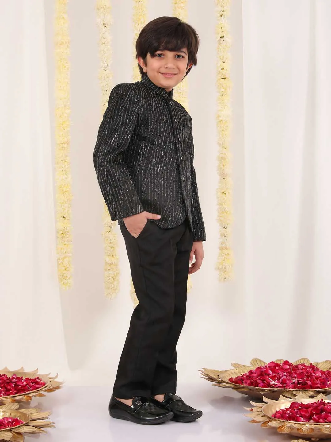 Jashvi Boy's Black Sequined Jodhpuri