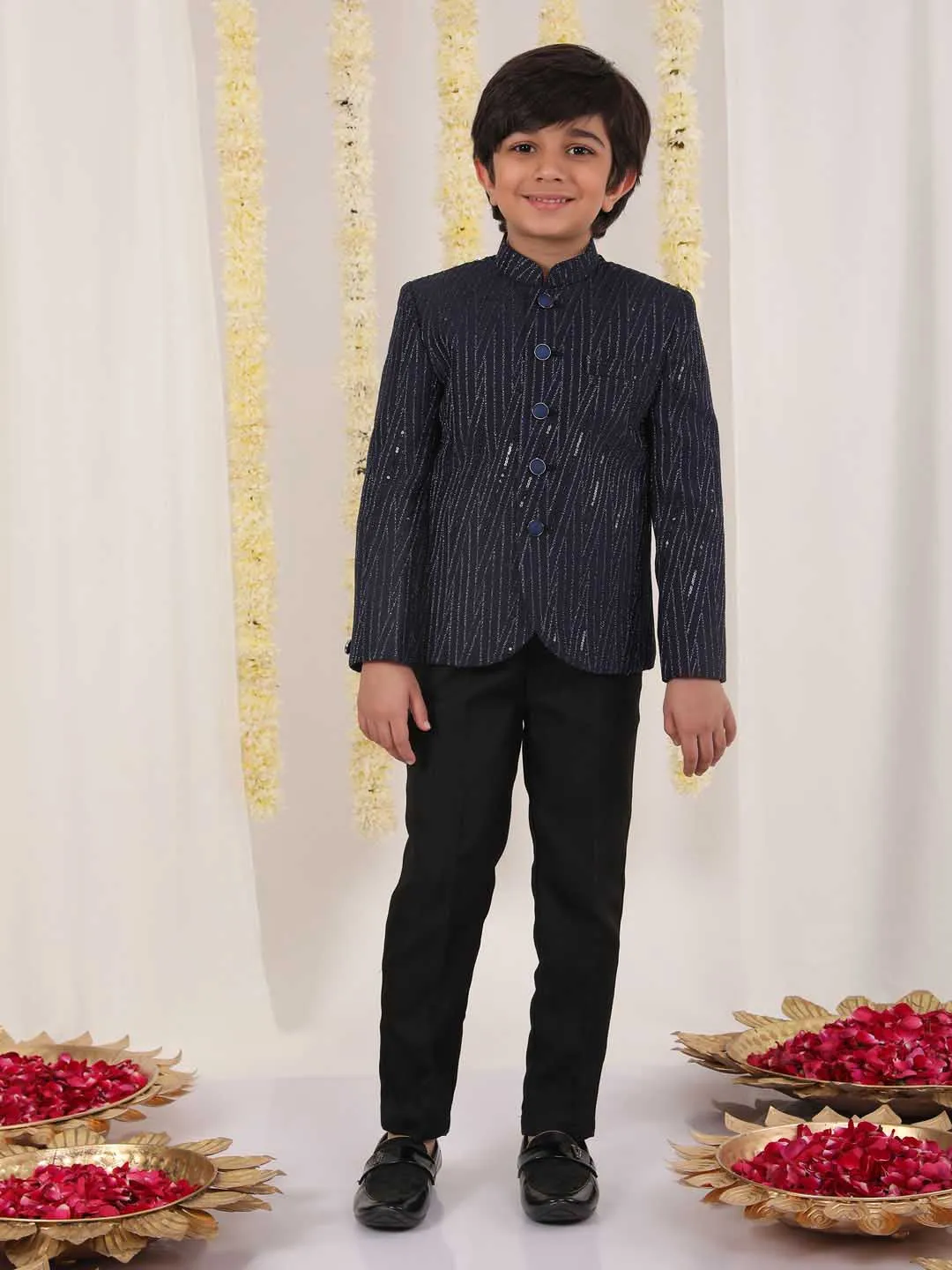 Jashvi Boy's Blue Sequined Jodhpuri